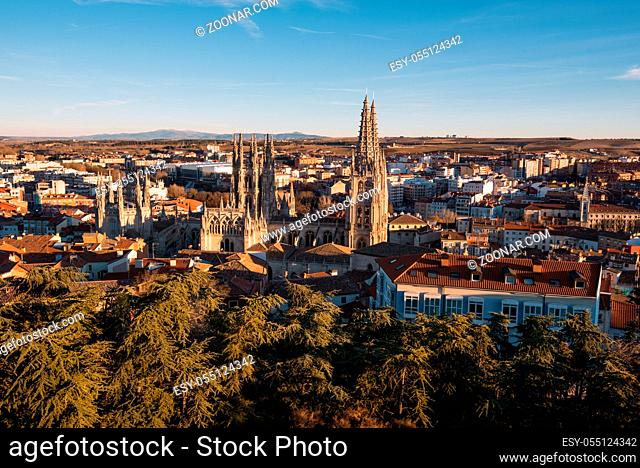 Burgos Cathedral and city panorama at sunset. Burgos, Castile and Leon, Spain