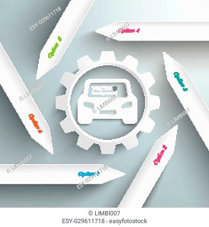 Infographic with white arrows, gear and car on the grey background