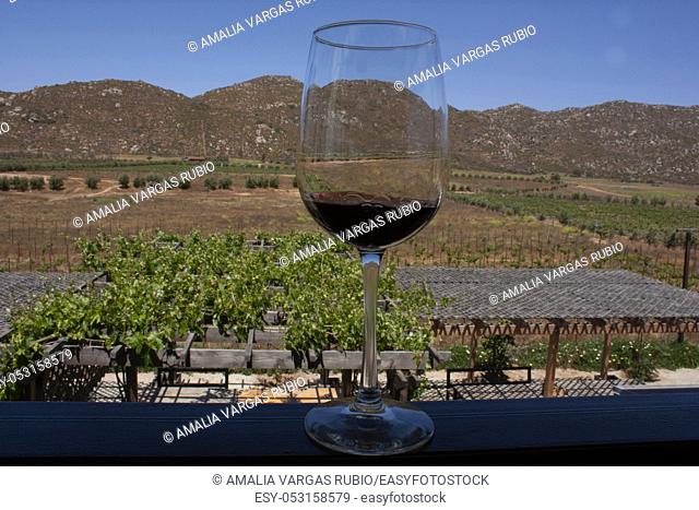 Effect of refraction in glass containing red wine in an open-air wrestling towards the mountains and fields planted with vines