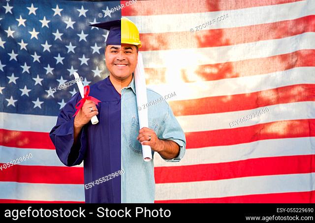 Split Screen Male Hispanic Graduate In Cap and Gown to Engineer in Hard Hat in Front Of American Flag