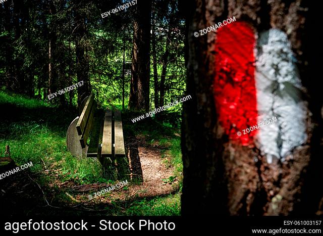 Sunny bench along a hiking path in the Austrian Alps with a red white path sign painted on a tree trunk, Mieminger Plateau, Tirol, Austria