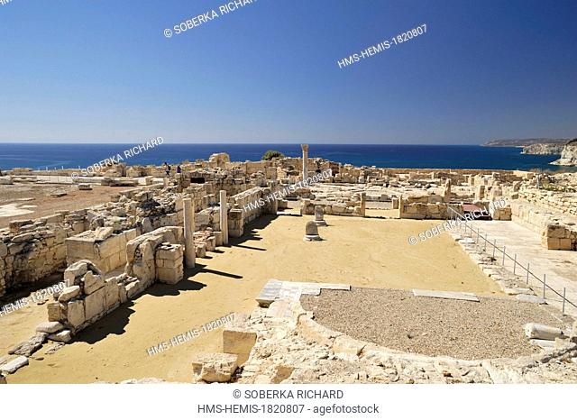 Cyprus, Limassol District, Kourion, archaeological site, ruins of the Paleochristian basilica, overview facing the sea