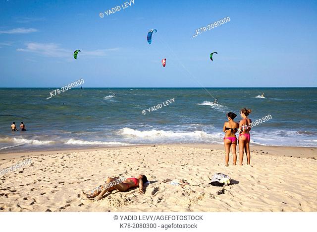 Kite surfers and view over the beach in Cumbuco, Fortaleza district, Brazil