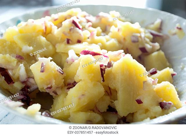 Tasty potato salad in white bowl with onions