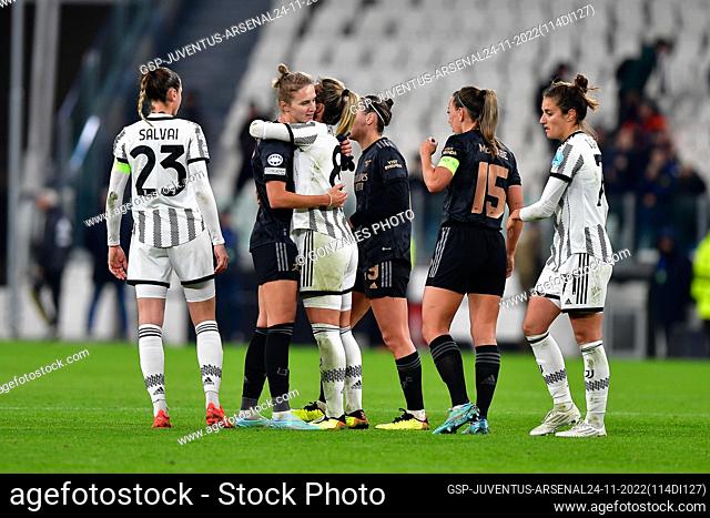 Turin, Italy. 24th, November 2022. Vivianne Miedema (11) of Arsenal seen with Martina Rosucci (8) of Juventus after the UEFA Women’s Champions League match...