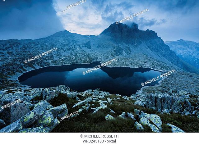 Blue hour at the lake of Vacca in the Adamello Park, Brescia province, Lombardy, Italy, Europe