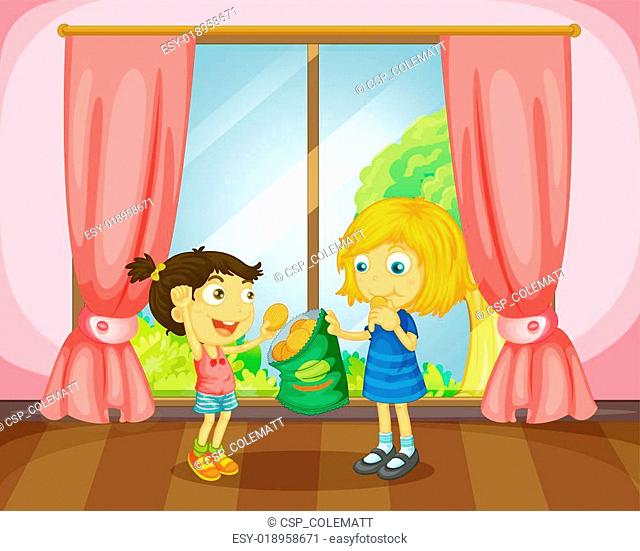 Happy children eating chips and drawing Stock Photos and Images |  agefotostock