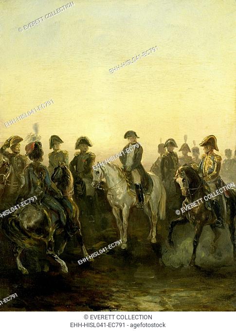 Napoleon with his Staff, Charles Rochussen, c. 1840-50, Dutch painting, oil on panel. Napoleon I on horseback surrounded by his generals (BSLOC-2016-2-215)