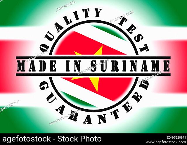Quality test guaranteed stamp with a national flag inside, Suriname