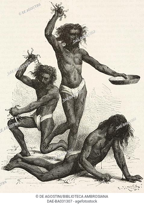 Fakirs and Joghi, India, drawing by Andre Rixens (1846-1924) from a photograph by Rousselet, from The Hindustan, by Louis-Theophile Marie Rousselet (1845-1929)