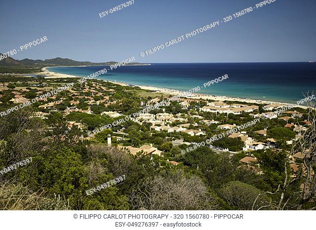 Wonderful view of the village of Costa Rei, a small town in the south of Sardinia, taken from above: the village merges with the beach and the blue sea in front...