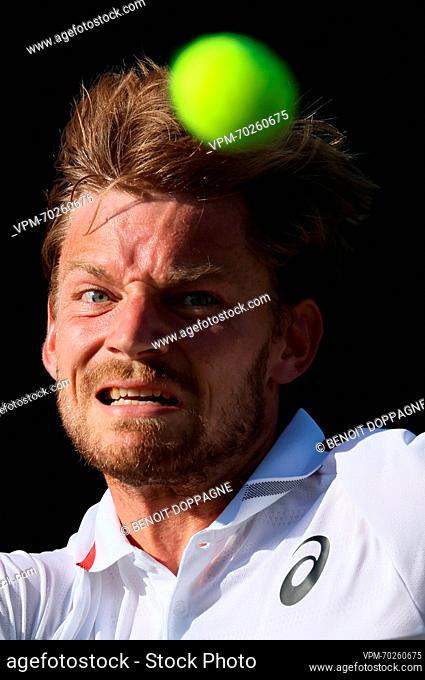 Belgian David Goffin pictured in action during a tennis match against Russian Rublev, in round three of the men's singles at the 2023 Wimbledon grand slam...