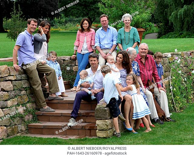 The Danish royal family Prince Joachim (L-R), Princess Marie with Prince Henrik, (back, L-R) Carina Axelsson and partner Prince Gustav with Princess Benedikte...