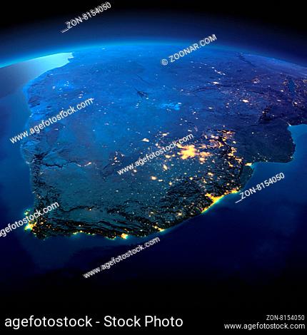 Night planet Earth with precise detailed relief and city lights illuminated by moonlight. South Africa. Elements of this image furnished by NASA