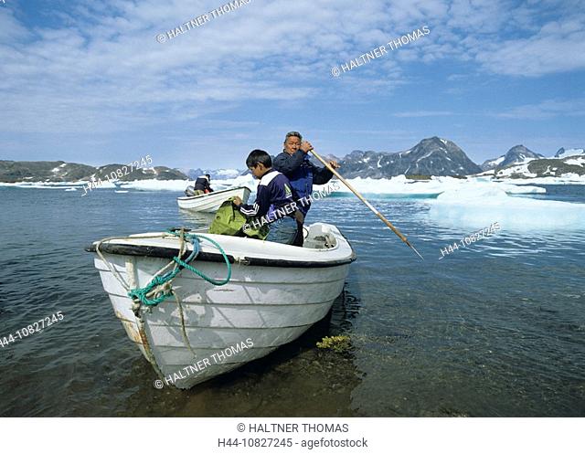 Greenland, east coast, Kulusuk, cape Dan, local Fischer, Inuit, Eskimos, Boat, boats, fishing, fishery, ice, sea