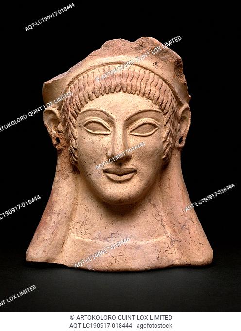 Votive (Gift) in the Shape of a Woman’s Head, about 500 BC, Etruscan, possibly Veii, Veii, terracotta, pigment, 26.5 × 22 × 18 cm (10 1/2 × 8 1/2 × 7 1/4 in