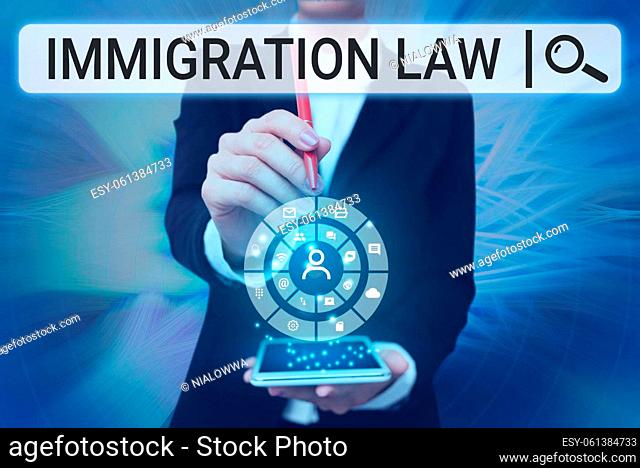 Inspiration showing sign Immigration Law, Internet Concept Emigration of a citizen shall be lawful in making of travel Lady Pressing Screen Of Mobile Phone...