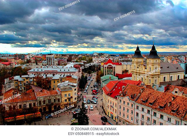 view to Ivano-Frankivsk from a bird's eye view with dark clouds up