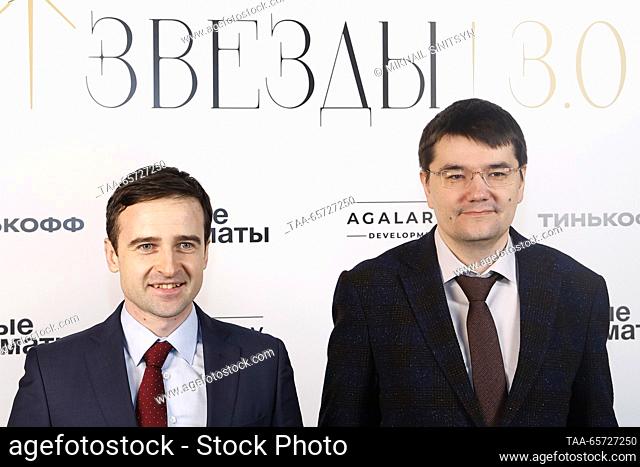 RUSSIA, MOSCOW - DECEMBER 13, 2023: Russian chess grandmasters Ernesto Inarkiev (L) and Evgeny Tomashevsky attend the opening of the Chess Stars 3