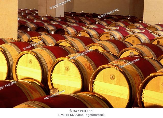 France, Gironde, Saint Emilion, Bordeaux vineyard, wine store barrels of Chateau Cheval Blanc, AOC Saint Emilion Premier Grand Cru listed A