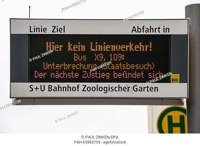 The information panel reads 'Here no regular service' at a bus stop near the Bahnhof Zoo in Berlin, Germany, 15 February 2016