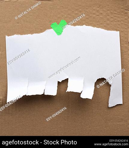 blank paper ad with torn edges attached with a green velcro on a brown cardboard surface, backdrop for sales and messages, copy space