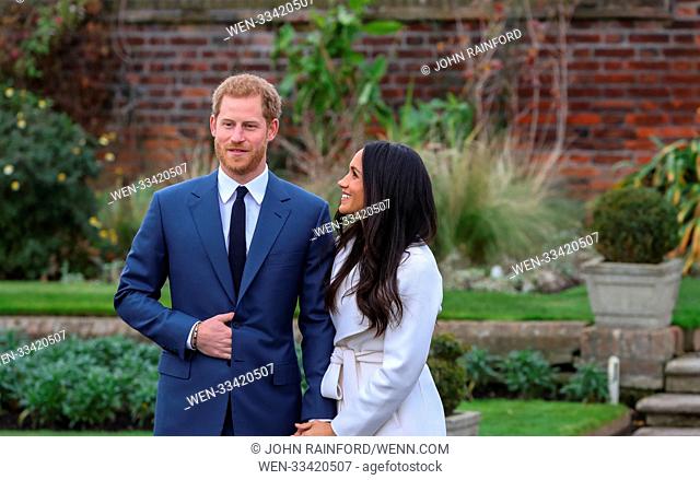 Prince Harry and Meghan Markle attend a photo call at Kensington Palace to mark their engagement Featuring: Prince Harry, Meghan Markle Where: London