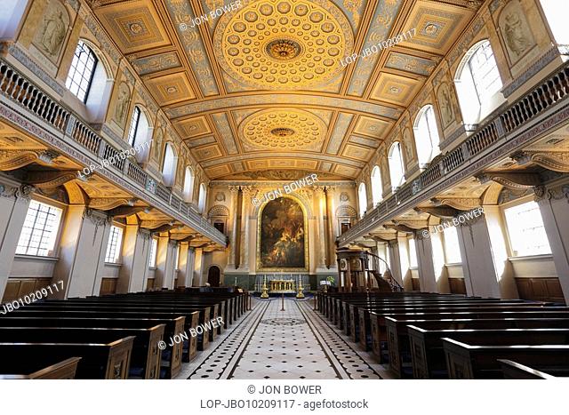 The interior of the Chapel of St Peter and St Paul at the Old Royal Naval College in Greenwich. The original chapel was destroyed in a fire in 1779 but was...