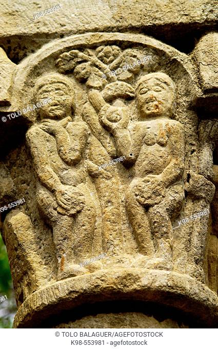 Original sin depicted in the cloister of the Romanesque church of Sant Domènec (12th century), Peralada. Girona province, Catalonia, Spain