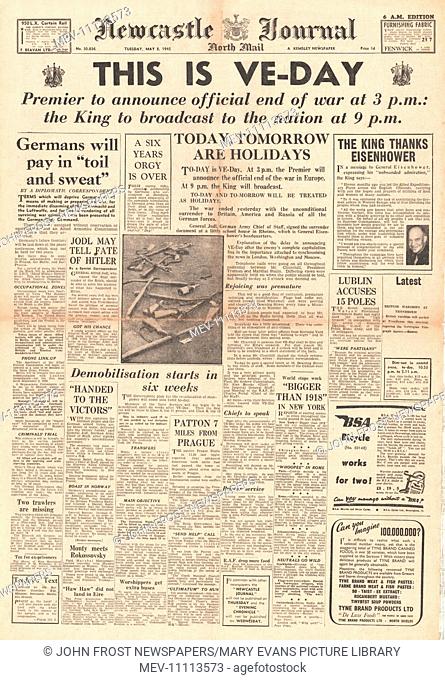1945 Newcastle Journal front page reporting VE Day