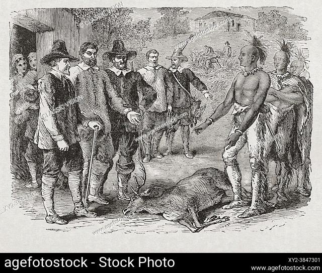 In the early 17th century English settlers in the Colony of Virginia trade with local Indians for the carcass of a deer. After a work by an unknown artist