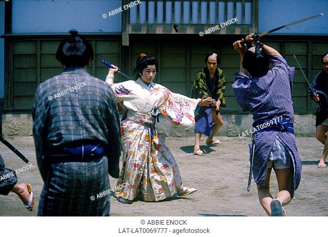 Kansai/ kinki region. Samurai actors on outside set at Toei Movieland