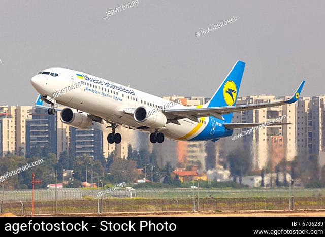 A Boeing 737-800 aircraft of Ukraine International Airlines with registration UR-UIB at Tel Aviv Airport, Israel, Asia