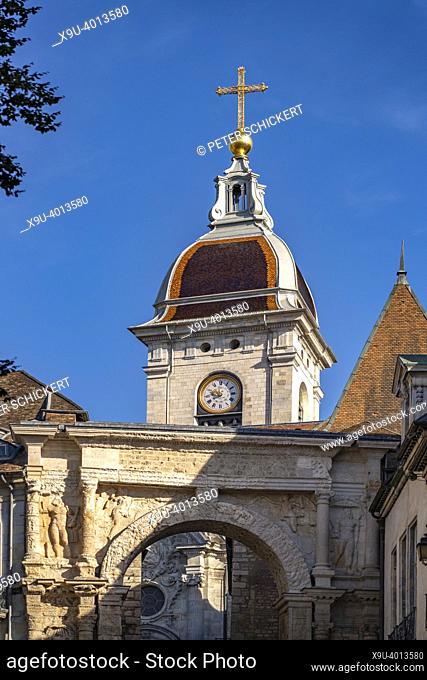 Roman triumphal arch Porte Noire and St. John's Cathedral, Besancon, Bourgogne-Franche-Comté, France, Europe