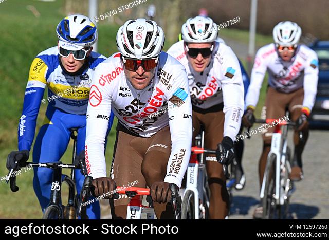 Belgian Greg Van Avermaet of AG2R Citroen (C) pictured in action during the reconnaissance of the track, ahead of the one-day cycling race Omloop Het Nieuwsblad