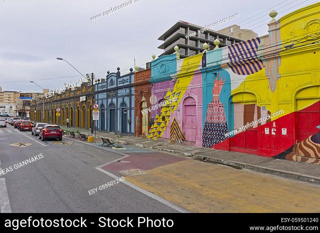 Fortaleza, Old city street view with colorful Colonial buildings, Brazil, South America