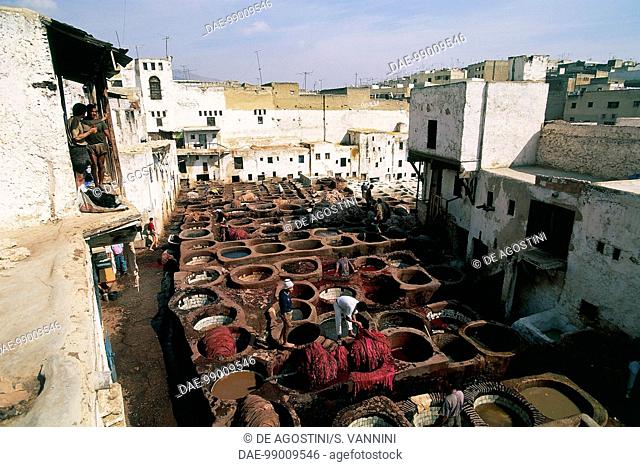 Tanks for tanning and dyeing leather, Chouara, Tanners' district, Fez, Morocco
