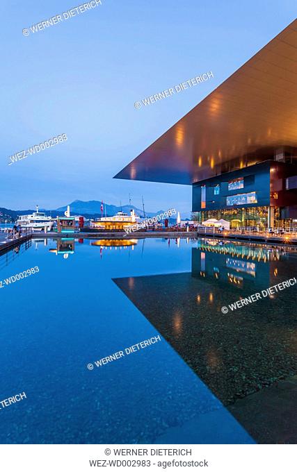 Switzerland, Luzern, Conference Centre at Lake Lucerne by evening twilight