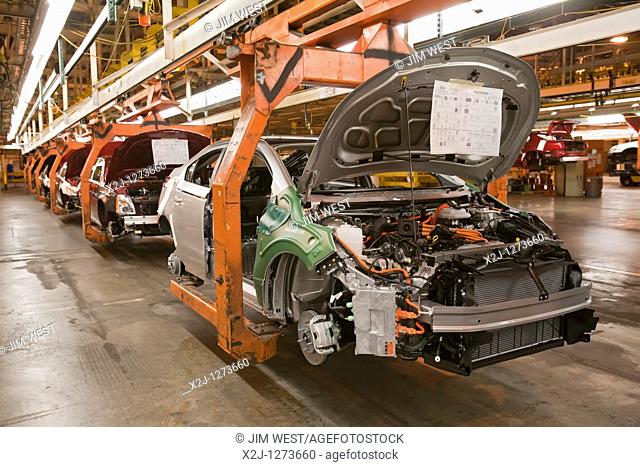 Detroit, Michigan - A Chevrolet Volt on the assembly line at General Motors' Detroit-Hamtramck Assembly Plant  The Volt is powered by electricity