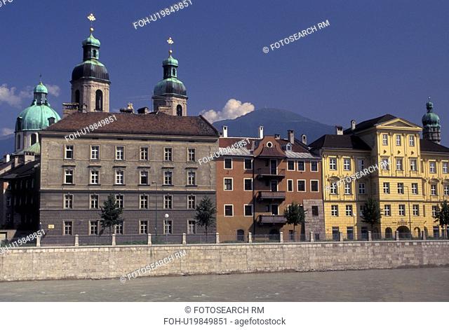 Austria, Innsbruck, Tirol, St. Jacob's Cathedral and buildings along the Inn River in the city of Innsbruck