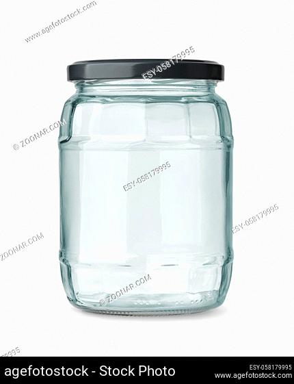 Front view of empty glass jar with black metal cap isolated on white