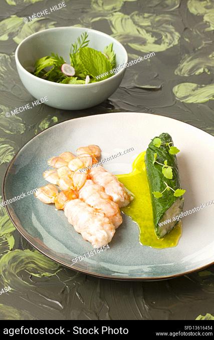 Fried langoustines with chard roulade and mint