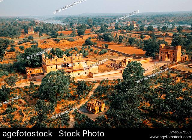 Panoramic view of Orchha Fort Rai Parveen Mahal ancient ruins and nature landscape in Orchha, India