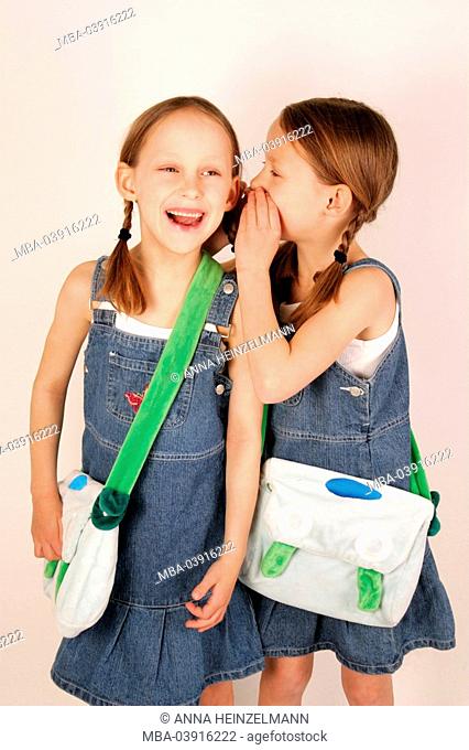 girl, twins, shoulder bag, cheerfully, detail, whisper series, people, children 6-10 years siblings sisters, twin-sisters, schoolgirl, matching clothes
