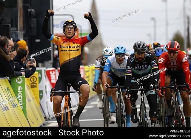 Spanish Ivan Garcia Cortina of Bahrain-Merida celebrates on the finish line of the third stage of the 78th edition of Paris-Nice cycling race