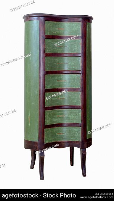 Vintage Furniture - Retro wooden antique seven drawer chest painted in green and dark brown isolated on white background including clipping path