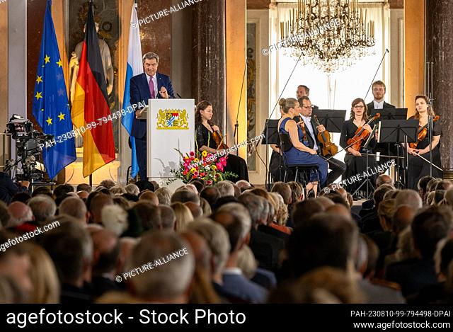 10 August 2023, Bavaria, Prien: Markus Söder (CSU), Prime Minister of Bavaria, speaks at the ceremony marking the 75th anniversary of the Constitutional...