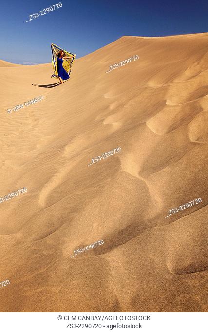 Woman at the sand dunes of Maspalomas, Gran Canaria, Canary Islands, Spain, Europe