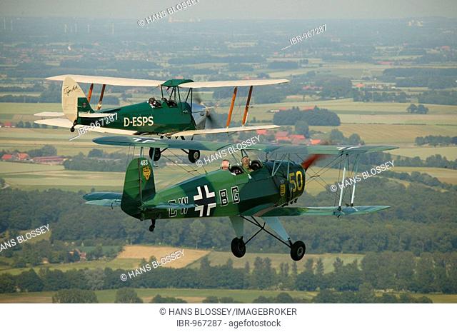 Aerial view, Tiger Moth, at right Buecker Jungmann, historic aeroplanes, Quax-Flieger, Aviator's Society, Hamm, Ruhr Area, North Rhine-Westphalia, Germany