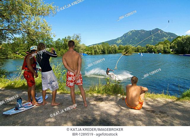Waterskiing and Wakeboardlift with a view towards Gruenten Mountain, Immenstadt, Bavaria, Germany, Europe